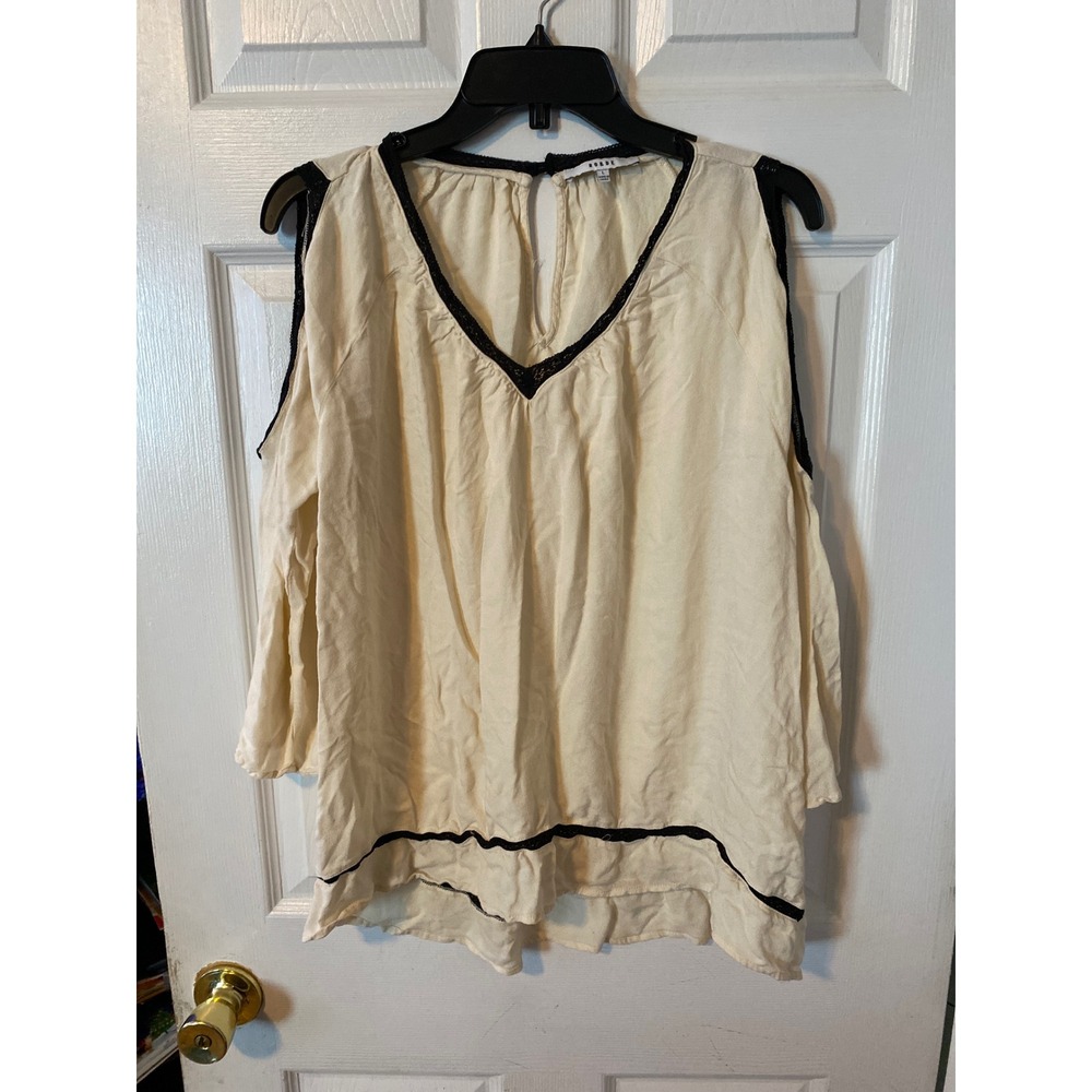 Ro & De Cream‎ Cold Shoulder Blouse Black Lace Trim V-Neck Long Sleeve Top Large